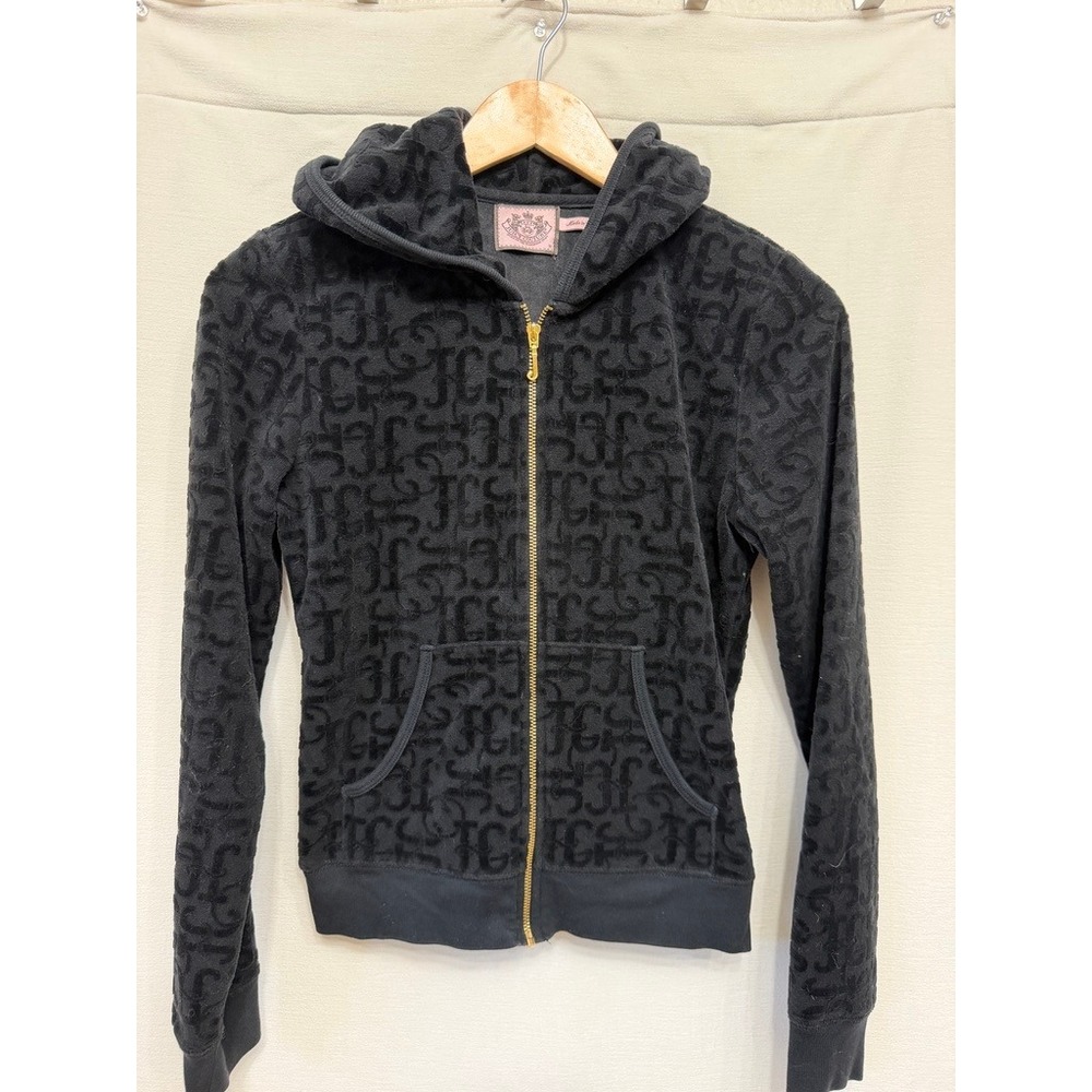 Vtg Juicy Couture Monogram Velour Zip Hood M Grey Black Gothic JC Allover Print